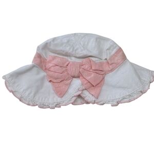Janie and Jack Bucket Hat Bonnet Baby Girl White Pink Bow Size 3M